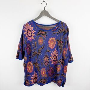 Peruvian Connection Pima Cotton Purple Pink Floral Short Sleeve Sweater Top